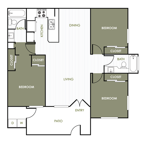 Floor plan for 3 beds, 2 baths, 1200 sqft